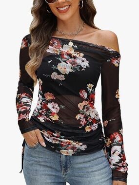 NWOT CiCiBird Womens 2025 Long Sleeve Floral Mesh Off Shoulder Going Out Tops